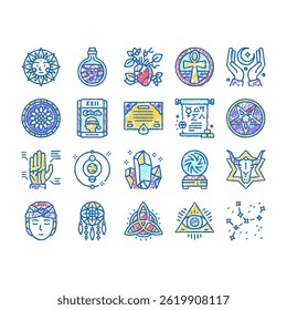Astrological Objects Collection doodle icons set vector. Crystals Ball, Love Potion Tarot Cards, Sun Occult Symbol Mystical Ornament
