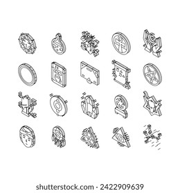 Astrological Objects Collection isometric icons set. Crystals And Ball, Love Potion And Tarot Cards, Sun Occult Symbol And Mystical Ornament Concept Linear Pictograms. Contour .