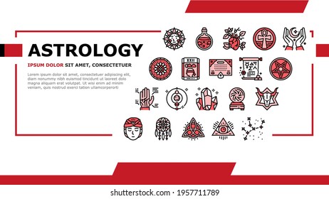 Astrological Objects Landing Web Page Header Banner Template Vector. Crystals And Ball, Love Potion And Tarot Cards, Sun Occult Symbol And Mystical Ornament Illustration