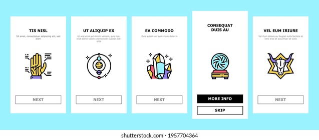 Astrological Objects Onboarding Mobile App Page Screen Vector. Crystals And Ball, Love Potion And Tarot Cards, Sun Occult Symbol And Mystical Ornament Illustrations