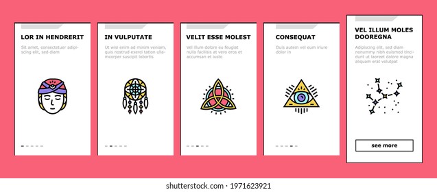 Astrological Objects Onboarding Mobile App Page Screen Vector. Crystals And Ball, Love Potion And Tarot Cards, Sun Occult Symbol And Mystical Ornament Illustrations