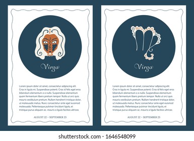 Astrological pages for the zodiac sign Virgo. Two backgrounds with a symbol and the head of a woman with an orange face. Templates for postcards, flyers, brochures. Emblems and place for text. Vector.