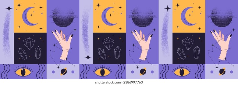 Astrological pattern. Cosmic elements, planets, comets and stars. Hand holds ball. Constellation of Aquarius. Drawing with dots. Magic, occultism and astrology concept. Vector illustration.