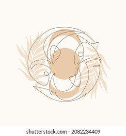 Astrológico Pisces zodiac firma un dibujo de una línea. Elegante emblema de astrología, contorno de símbolo, contorno para el logo místico, huella de calendario en estilo mínimo boho. Arte abstracto vectorial del horóscopo