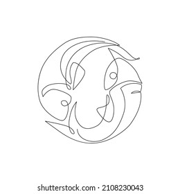 Astrological Pisces zodiac sign one line drawing. Elegant astrology emblem, symbol outline, contour for mystic logo, calendar print in boho minimal style. Horoscope vector abstract art