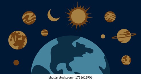 Planetas astrológicos sobre la tierra. Ilustración plana. Astronomía.