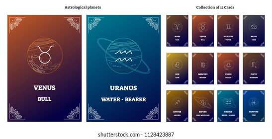 Astrological planets and corresponding zodiac sign symbols with labels.Illustrated vector horoscope cards collection with aries,libra,leo,taurus and others.Esoteric universe astrology system science.