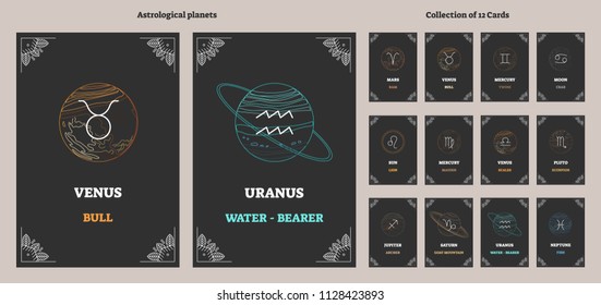 Astrological planets and corresponding zodiac sign symbols with labels.Illustrated vector horoscope cards collection with aries,libra,leo,taurus and others.Esoteric universe astrology system science.