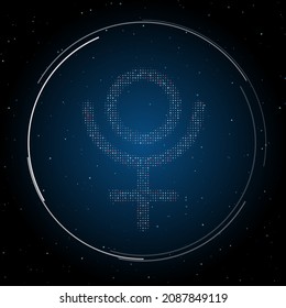 The astrological pluto symbol filled with white dots. Pointillism style. Some dots is red. Vector illustration on blue background with stars