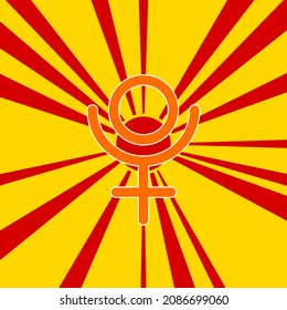 Astrological pluto symbol on a background of red flash explosion radial lines. A large orange symbol is located in the center of the sunrise. Vector illustration on yellow background