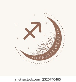 Astrological Sagittarius zodiac sign. Horoscope icon in boho minimalist style. Mystic vector illustration. Spiritual tarot card. Hand drawn magic vintage logo.