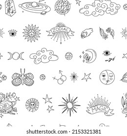 Astrological Seamless Pattern. Astro Decor For Natal Chart And Horoscopes. Zodiac Signs. Esoteric Design For Paper And Textile. Line Art In Vector Illustration.