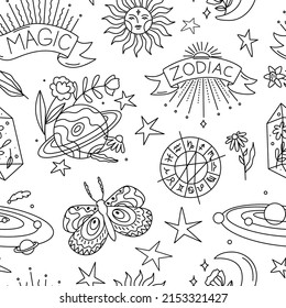 Astrological Seamless Pattern. Astro Decor For Natal Chart And Horoscopes. Zodiac Signs. Esoteric Design For Paper And Textile. Line Art In Vector Illustration.