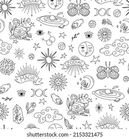 Astrological Seamless Pattern. Astro Decor For Natal Chart And Horoscopes. Zodiac Signs. Esoteric Design For Paper And Textile. Line Art In Vector Illustration.