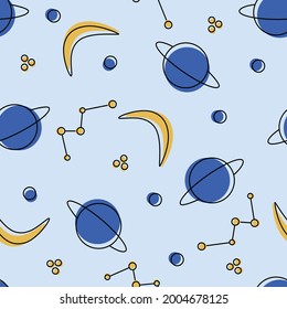 Astrological seamless pattern with moon, planet and constellation for boys and girls. Pattern for children, wrapping paper, textiles and fabrics on a blue background.