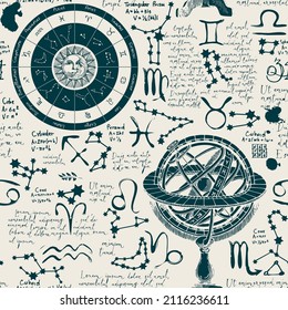 Astrological seamless pattern the theme horoscopes   zodiacs in retro style  Hand  drawn vector background and zodiac signs  Lorem ipsum handwritten text  sun  moon  stars  constellations