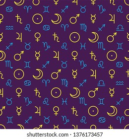 Astrological seamless pattern with planets symbols isolated on black