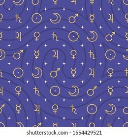 Astrological seamless pattern with planets symbols outline style isolated on dark blue, vector illustration