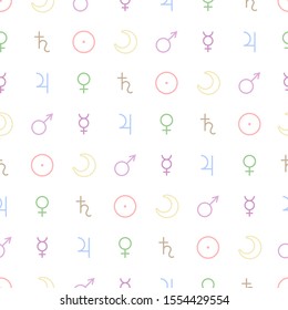 Astrological seamless pattern with planets symbols outline style isolated on white, vector illustration