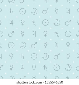 Astrological seamless pattern with planets symbols outline style isolated on blue, vector illustration