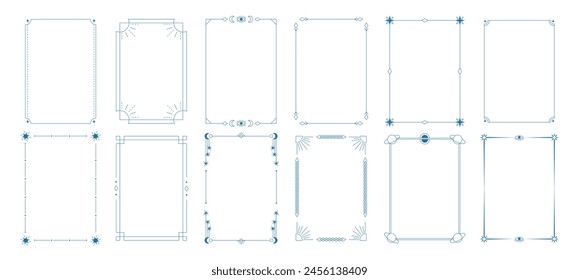 Astrological set of different vintage boho thin frames. Spiritual occult objects, fashionable modern style. Separate elements for templates, prints, engravings, laser cards, tarro cards