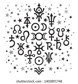 Astrological set №20, the excerpt of some recent astrological signs and occult mystical symbols. 
Astrological pattern, black-and-white celestial background with stars.