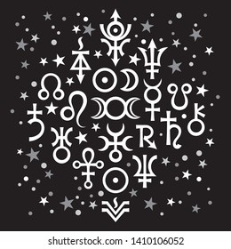 Astrological set №20, the excerpt of some recent astrological signs and occult mystical symbols. 
Astrological pattern, black-and-white celestial background with stars.