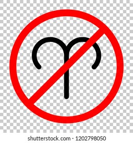 Astrological sign. Aries simple icon. Not allowed, black object in red warning sign with transparent background