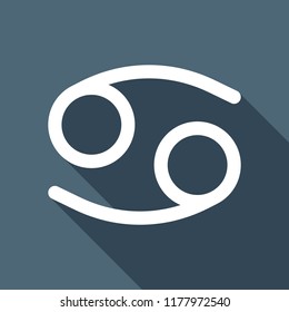 Astrological sign. Cancer simple icon. White flat icon with long shadow on background