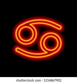 Astrological sign. Cancer simple icon. Orange neon style on black background. Light icon