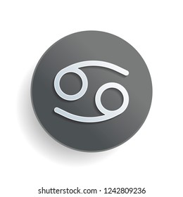 Astrological sign. Cancer simple icon. White paper symbol on gray round button or badge with shadow
