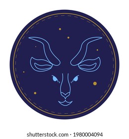 Astrological sign of capricorn, circle horoscope symbol with stars and constellation in line artwork. Capricornus zodiac icon of animal with horns and muzzle. Vector in flat style illustration