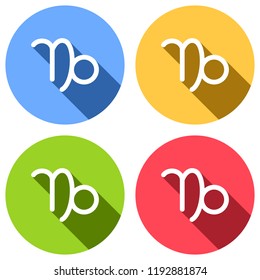 Astrological sign. Capricorn simple icon. Set of white icons with long shadow on blue, orange, green and red colored circles. Sticker style
