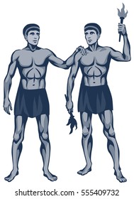 Astrological Sign Gemini. Graphic illustration of ancient Greek heroes Castor and Pollux (with torches in his hands).