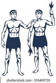 Astrological Sign Gemini. Graphic illustration of ancient Greek heroes Castor and Pollux (with torches in his hands).