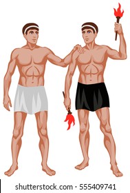 Astrological Sign Gemini. Graphic illustration of ancient Greek heroes Castor and Pollux (with torches in his hands).