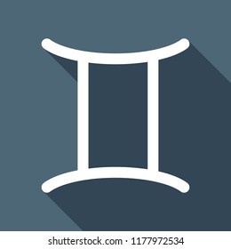 Astrological sign. Gemini simple icon. White flat icon with long shadow on background