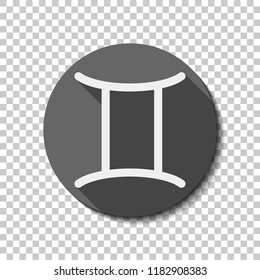 Astrological sign. Gemini simple icon. flat icon, long shadow, circle, transparent grid. Badge or sticker style