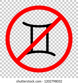 Astrological sign. Gemini simple icon. Not allowed, black object in red warning sign with transparent background