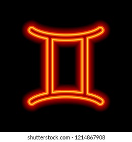 Astrological sign. Gemini simple icon. Orange neon style on black background. Light icon
