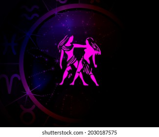 astrological sign, horoscope, gemini, with night sky, full of stars background.