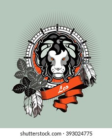 astrological sign Leo, on the rectangle in vintage style rose  with banners