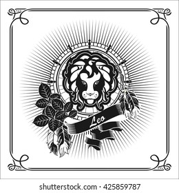 astrological sign Leo, on the rectangle in vintage style  rose with black and white banners