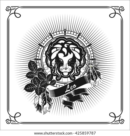 astrological sign Leo, on the rectangle in vintage style  rose with black and white banners
