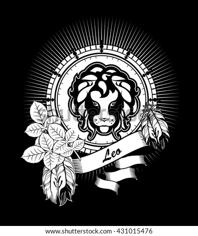 astrological sign Leo, on the rectangle in vintage style rose with black and white banners