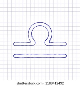 Astrological sign. Libra simple icon. Hand drawn picture on paper sheet. Blue ink, outline sketch style. Doodle on checkered background