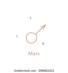 Astrological sign of Mars, cute contour style. Magic card, bohemian design, tattoo, engraving, witch cover. Golden mystical drawing, vector.
