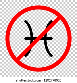 Astrological sign. Pisces simple icon. Not allowed, black object in red warning sign with transparent background