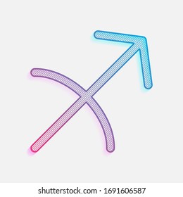 Astrological sign. Sagittarius simple icon. Colored logo with diagonal lines and blue-red gradient. Neon graphic, light effect