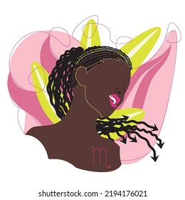 Astrological sign of Scorpio as a beautiful african american woman with braided hair.